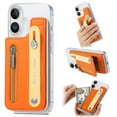 thumbnail image 1 of for iPhone 16 Back Wallet Case with Card Holder Zipper Pocket, Wristband Flip Kickstand, RFID Blocking Secure Hand Grip PU Leather Shockproof Clear Phone Cover for iPhone 16, Orange, 1 of 10