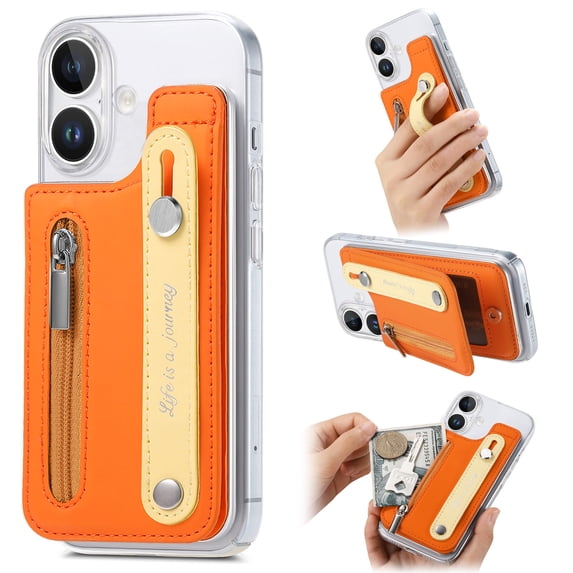 for iPhone 16 Back Wallet Case with Card Holder Zipper Pocket, Wristband Flip Kickstand, RFID Blocking Secure Hand Grip PU Leather Shockproof Clear Phone Cover for iPhone 16, Orange
