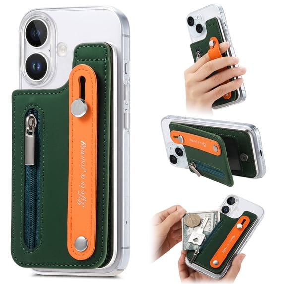 for iPhone 16 Back Wallet Case with Card Holder Zipper Pocket, Wristband Flip Kickstand, RFID Blocking Secure Hand Grip PU Leather Shockproof Clear Phone Cover for iPhone 16, Darkgreen