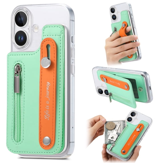for iPhone 16 Back Wallet Case with Card Holder Zipper Pocket, Wristband Flip Kickstand, RFID Blocking Secure Hand Grip PU Leather Shockproof Clear Phone Cover for iPhone 16, Mint