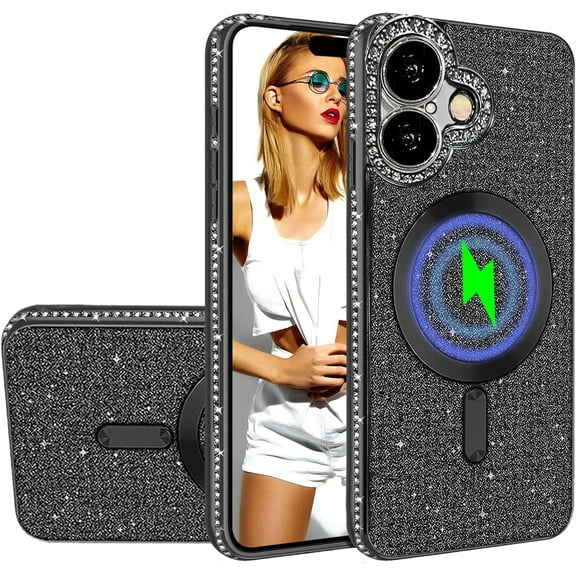 for iPhone 16 Bling Crystal Diamonds Rhinestone Bumper Cover, [Compatible with MagSafe] Glitter Sparkle Bling Luxury Shiny Cute TPU Cover Case for 16 KZ-Black