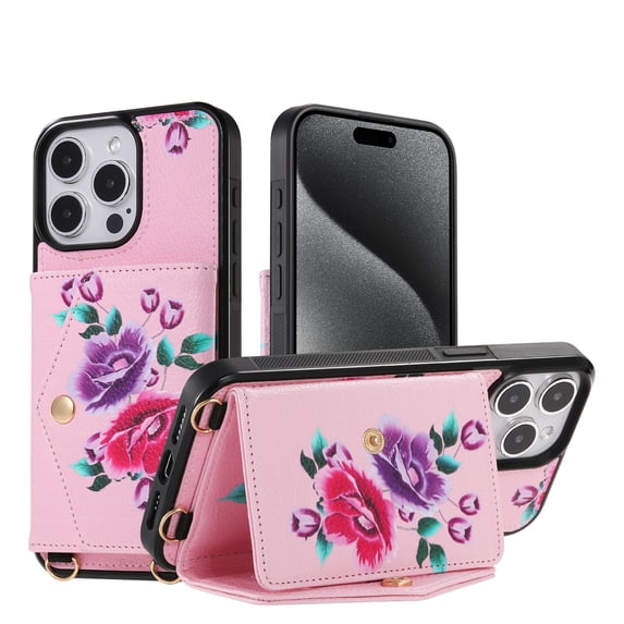 for iPhone 16, Card Slots Back Case, 1 Shoulder Strap and 1 Lanyard, Floral Pattern PU Leather RFID Blocking Make-up Mirror Kickstand Magnetic Clasp Phone Cover for Women Girls, Pink
