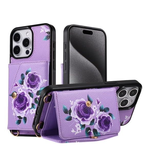 for iPhone 16, Card Slots Back Case, 1 Shoulder Strap and 1 Lanyard, Floral Pattern PU Leather RFID Blocking Make-up Mirror Kickstand Magnetic Clasp Phone Cover for Women Girls, Purple