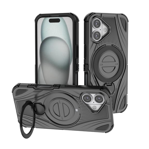 for iPhone 16 Case with 360°Spin Invisible Magnetic Stand, Support Wireless Charging, Hybrid Protective Slim Fit Shockproof Heavy Duty Protection Cover for iPhone 16, Black