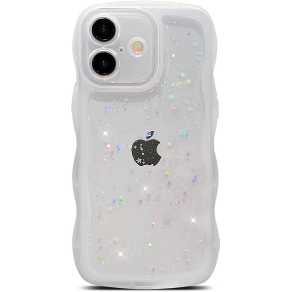 for iPhone 16 Case 6.1", Cute Kawaii Curly Wavy Bling Glitter Star Shiny Sparkle Clear Transparent Camera Lens Protection Soft Shockproof Aesthetic Phone Cover for Women (White)