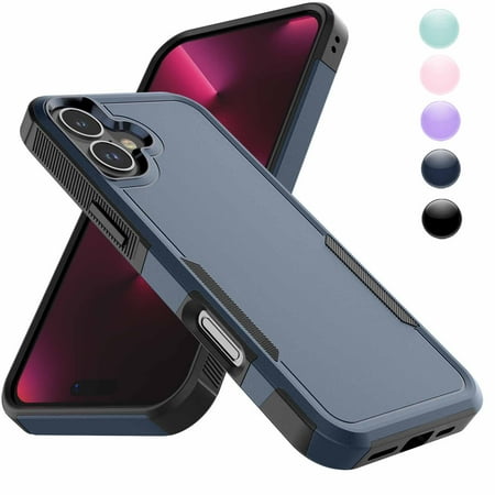 iPhone 16 Case 6.1" Shockproof [Military-Grade Dual Layer] Bumper Cover, Anti-Slip Textured Grip, Raised Camera/Screen Protection, Wireless Charging Compatible – Heavy Duty Rugged Case-Blue