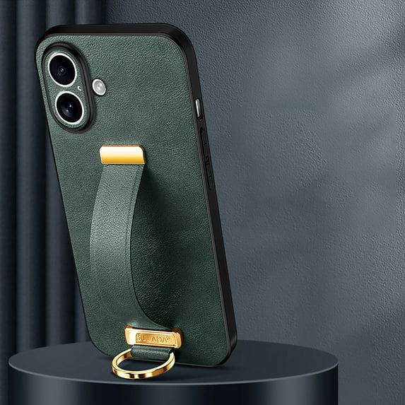 For iPhone 16 Case with Adjustable Wristband Strap Kickstand, Hand Strap Grip Loop LUXURY PU Leather Case,Shockproof Protection Cover for Women Men For iPhone 16,Darkgreen