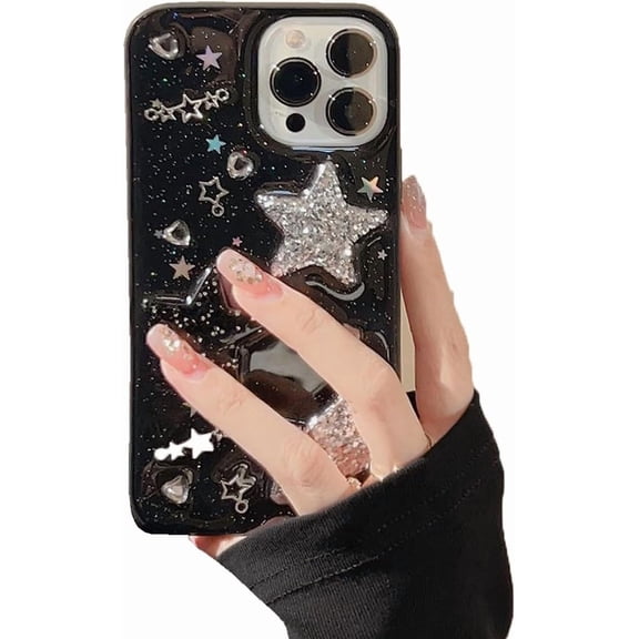 for iPhone 16 Case Bling Stars 3D Hearts Diamond Twinkle Star Glitter Y2K Spark Luxury Girly Aesthetic Personalized Design for Women Girls Teens TPU Case, 6.1", Black