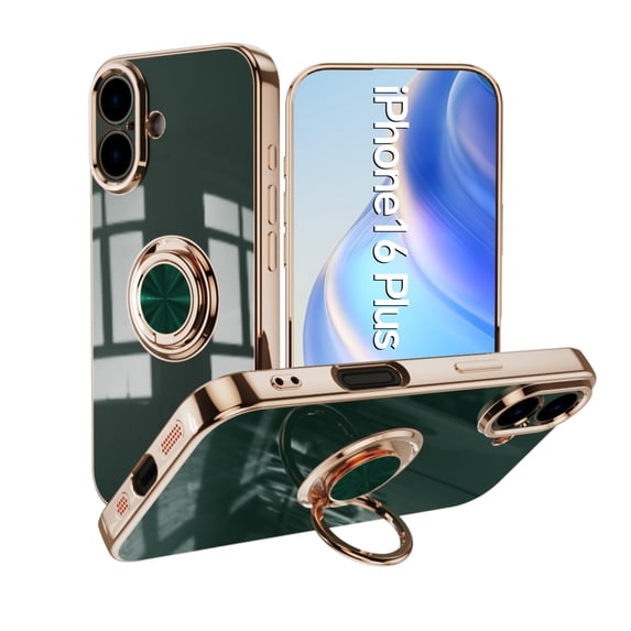for iPhone 16 Case, Built-in 360° Rotation Ring Holder Kickstand, Luxury Shiny Plating Edge Shockproof Electroplated Slim Protective Phone Cover for iPhone 16, Darkgreen