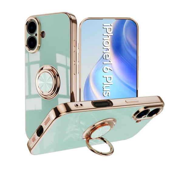 for iPhone 16 Case, Built-in 360° Rotation Ring Holder Kickstand, Luxury Shiny Plating Edge Shockproof Electroplated Slim Protective Phone Cover for iPhone 16, Mint