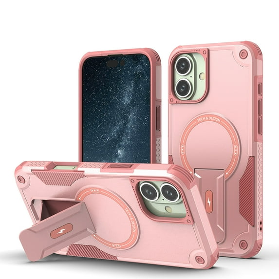 for iPhone 16 Case, Built-in Kickstand, Compatible with Magsafe, Luxury Military-Grade Armor Shockproof Drop Protective Rugged Cover Hybrid Cell Phone Case for iPhone 16 - Pink