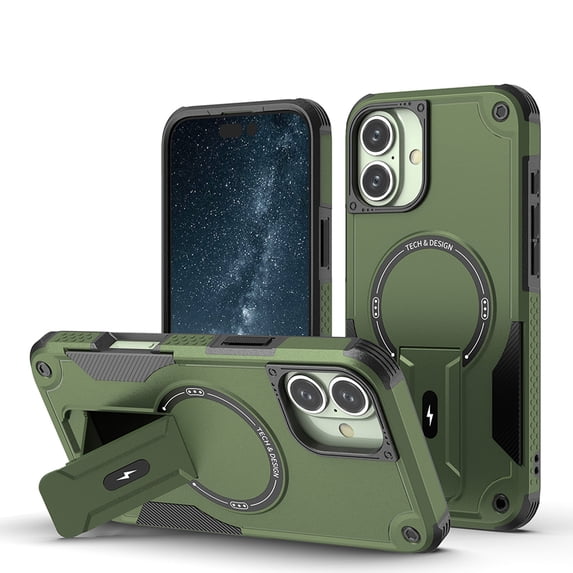 for iPhone 16 Case, Built-in Kickstand, Compatible with Magsafe, Luxury Military-Grade Armor Shockproof Drop Protective Rugged Cover Hybrid Cell Phone Case for iPhone 16 - Armygreen