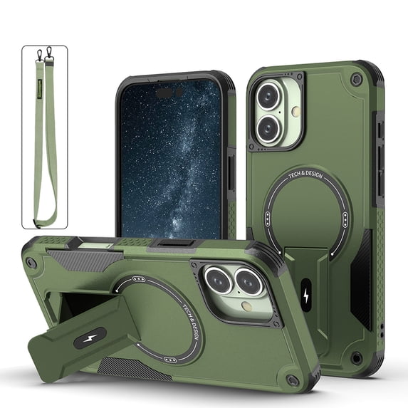 for iPhone 16 Case, Built-in Kickstand, Compatible with Magsafe, Luxury Military-Grade Armor Shockproof Drop Protective Rugged Hybrid Cover with Shoulder Strap for iPhone 16 - Armygreen