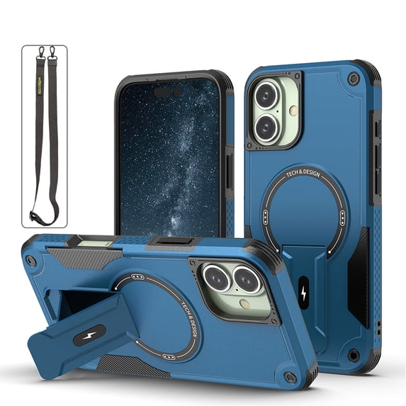 for iPhone 16 Case, Built-in Kickstand, Compatible with Magsafe, Luxury Military-Grade Armor Shockproof Drop Protective Rugged Hybrid Cover with Shoulder Strap for iPhone 16 - Darkblue