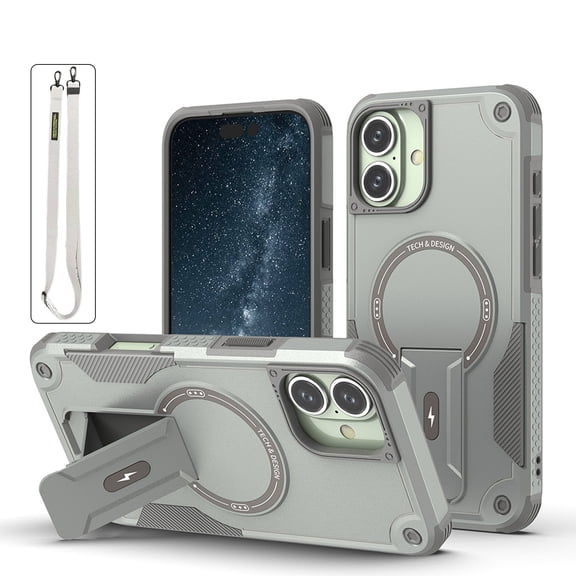 for iPhone 16 Case, Built-in Kickstand, Compatible with Magsafe, Luxury Military-Grade Armor Shockproof Drop Protective Rugged Hybrid Cover with Shoulder Strap for iPhone 16 - Grey