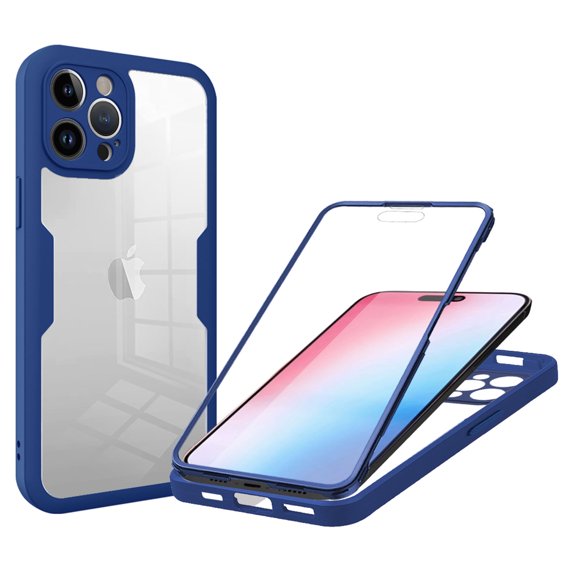 for iPhone 16 Case with Built-in Screen Protector, Clear Shockproof Slim Full Body Protection Soft TPU Bumper Dual Layer Rugged Case Cover for iPhone 16, Blue