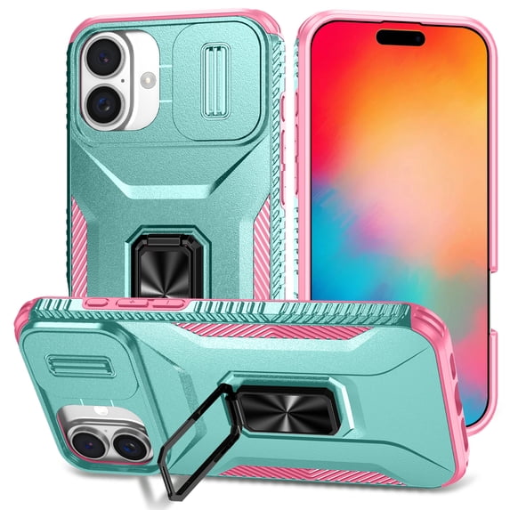 for iPhone 16 Case Camera Cover Lens Slide Protector Ring Kickstand Magnetic for Mag Safe Drop Protection Heavy Duty Anti-Scratch Impact Resistant Protective Hard Bumper Shell,Green