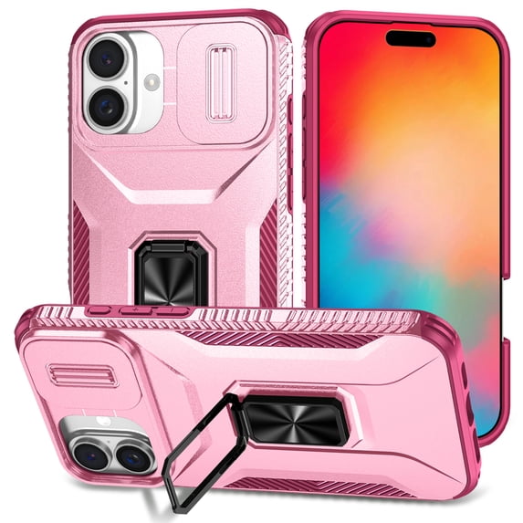 for iPhone 16 Case Camera Cover Lens Slide Protector Ring Kickstand Magnetic for Mag Safe Drop Protection Heavy Duty Anti-Scratch Impact Resistant Protective Hard Bumper Shell,Pink