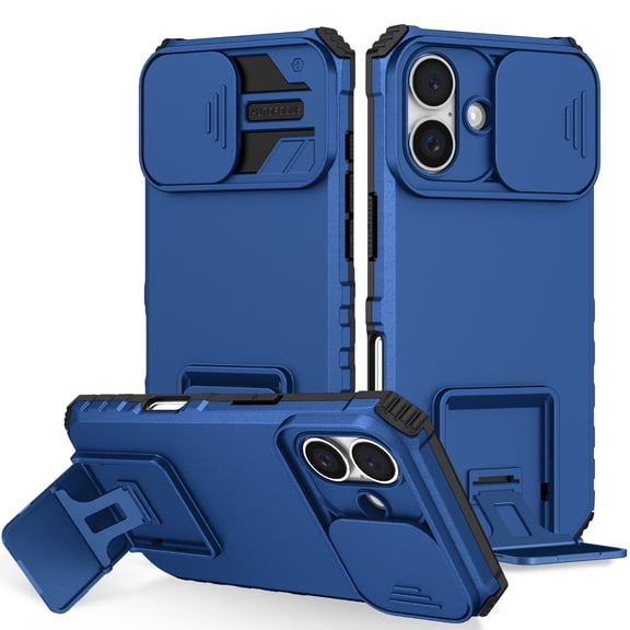 for iPhone 16 Case with Camera Lens Slide Protection, Armour Silicone TPU Bumper Tough PC Cover with Kickstand, Military Shockproof Absorption Protective Case for iPhone 16,
Blue