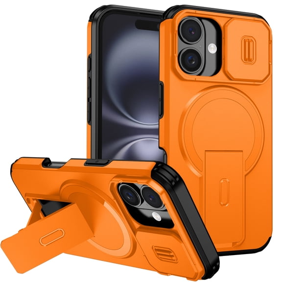 for iPhone 16 Case with Camera Sliding Cover & Adjustable Kickstand, Magnetic Wireless Charging Rugged Shockproof Bumper Cases Heavy-Duty Magnetic Protective Phone Cover, Orange