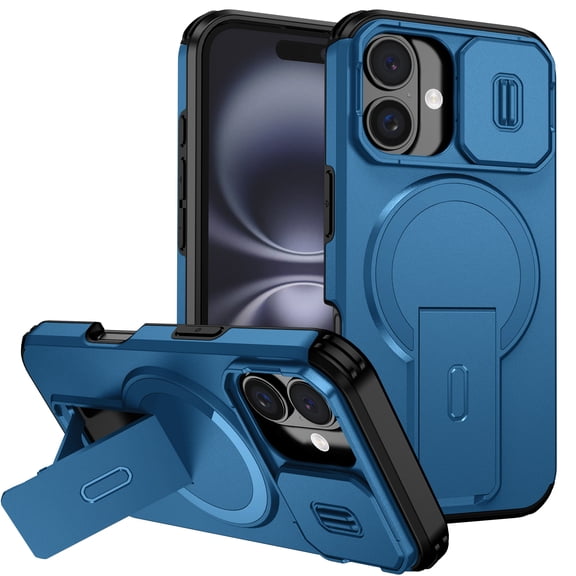 for iPhone 16 Case with Camera Sliding Cover & Adjustable Kickstand, Magnetic Wireless Charging Rugged Shockproof Bumper Cases Heavy-Duty Magnetic Protective Phone Cover, Blue