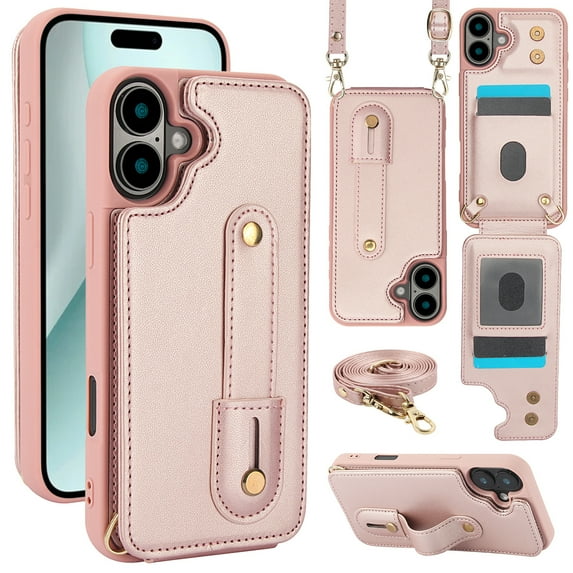 for iPhone 16 Case with Card Holder Crossbody Lanyard Strap Leather Wallet Case with Magnetic Clasp Kickstand Heavy Duty Protective Back Flip Phone Cover for Women,Rosegold