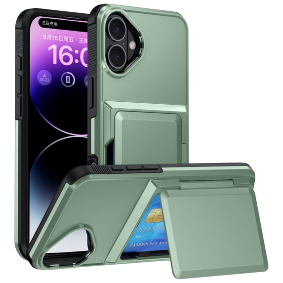 For iPhone 16 Case with Card Holder Heavy Duty Protective Kickstand Dual Layer Shockproof Hidden Card Slot Slim Wallet Military Protection Rugged Case for iPhone 16,Lightgreen
