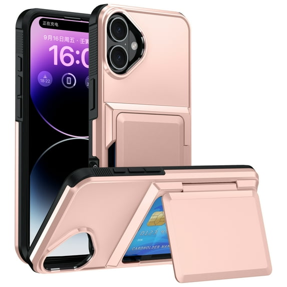 For iPhone 16 Case with Card Holder Heavy Duty Protective Kickstand Dual Layer Shockproof Hidden Card Slot Slim Wallet Military Protection Rugged Case for iPhone 16,Rosegold