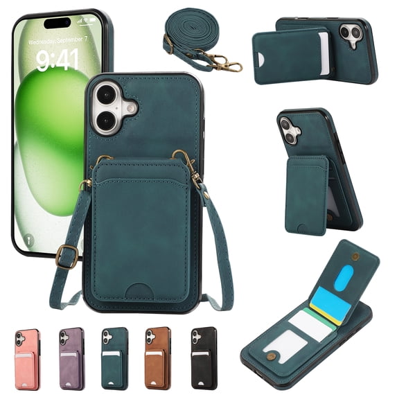 for iPhone 16 Case with Card Holder Kickstand Crossbody Strap, PU Leather Wallet Case with Magnetic Closure Heavy Duty Protective Flip Cover for iPhone 16 for Men Women, Green