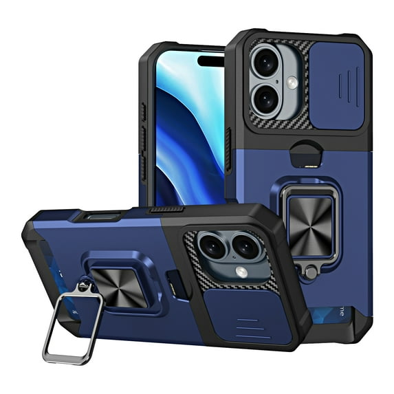 for iPhone 16 Case with Card Holder Ring Kickstand Slide Camera Cover iPhone 16 Case Heavy Duty Protection Shockproof Rugged for iPhone 16 Phone Cover, Navy