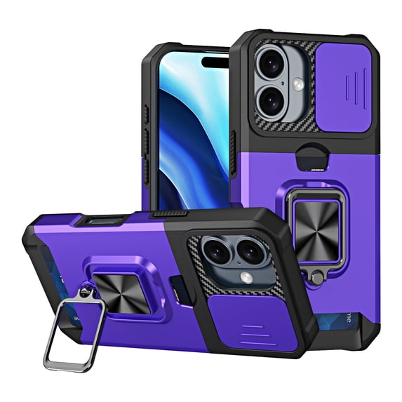 for iPhone 16 Case with Card Holder Ring Kickstand Slide Camera Cover iPhone 16 Case Heavy Duty Protection Shockproof Rugged for iPhone 16 Phone Cover, Purple