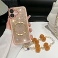 thumbnail image 1 of for iPhone 16 Case with Chain, [Compatible with MagSafe] Glitter Crystal Diamond Rhinestone Sparkle Sparkly Bumper Camera Lens Protector Shockproof Phone Case for iPhone 16, Gold, 1 of 5