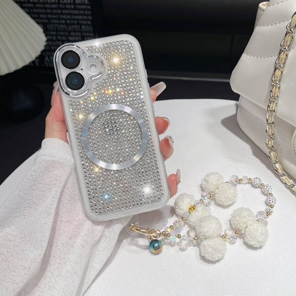 for iPhone 16 Case with Chain, [Compatible with MagSafe] Glitter Crystal Diamond Rhinestone Sparkle Sparkly Bumper Camera Lens Protector Shockproof Phone Case for iPhone 16, Silver