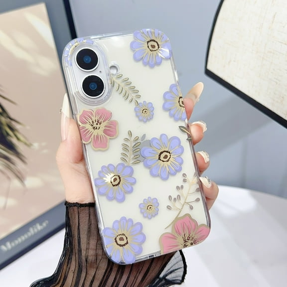 for iPhone 16 Case Clear Flower Floral Women Girl Cute Phone Case Aesthetic Soft Slim Black Shockproof Protective Cover for iPhone 16 Crystal Colorful Floral,Lightpurple Flower
