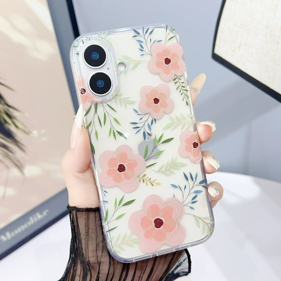 for iPhone 16 Case Clear Flower Floral Women Girl Cute Phone Case Aesthetic Soft Slim Black Shockproof Protective Cover for iPhone 16 Crystal Colorful Floral,Pink Flower
