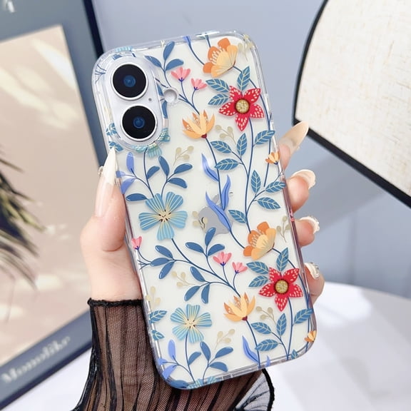 for iPhone 16 Case Clear Flower Floral Women Girl Cute Phone Case Aesthetic Soft Slim Black Shockproof Protective Cover for iPhone 16 Crystal Colorful Floral,Red Flower