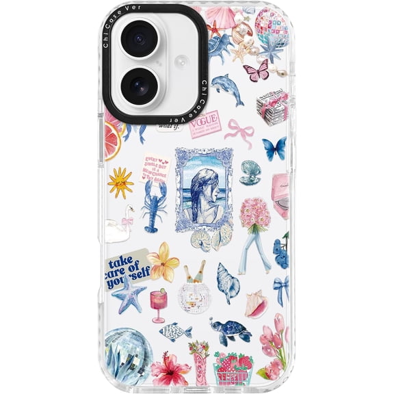 for iPhone 16 Case, Coastal Floral Collage Pattern with Seashells, Blue TPU Compatible with MagSafe & Military-Grade Drop Protection & Camera Control for Women Girls