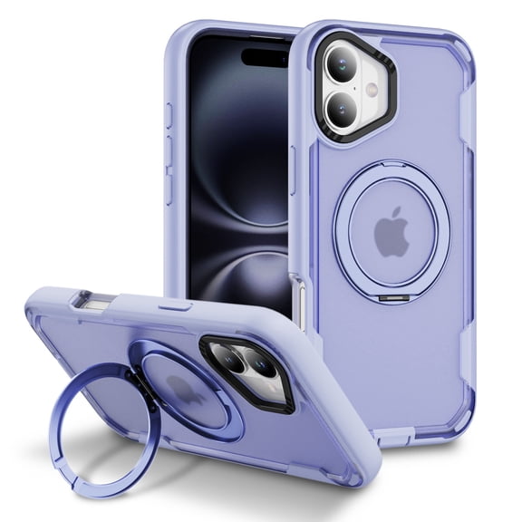 for iPhone 16 Case [Compatible with Mag-Safe] with Magnetic Ring Holder Stand, Rugged Hybrid PC + TPU Edge Protective Shockproof Phone Case Cover for iPhone 16, Lightpurple