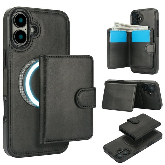 for iPhone 16 Case, Compatible with MagSafe, Detachable Magnetic Wallet Case with PU Leather Kickstand Card Slots Shockproof Protection 2 In 1 Function Case for iPhone 16, Black