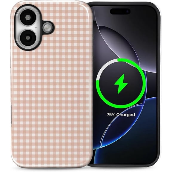 for iPhone 16 Case, Compatible with MagSafe, Dual-Layer Hard Shell, Silicone Cover, Full Body Protection Shockproof Case for iPhone 16-Pink Gingham Retro Checkered