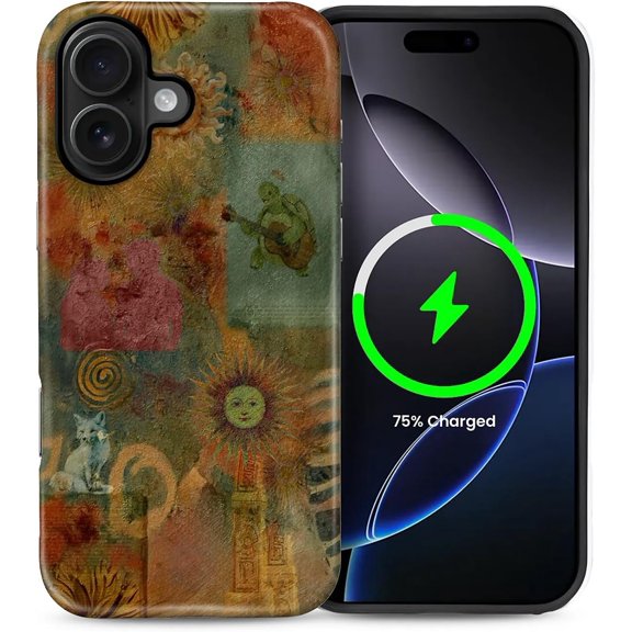 for iPhone 16 Case, Compatible with MagSafe, Dual-Layer Hard Shell, Silicone Cover, Full Body Protection Shockproof Case for iPhone 16-Retro 80s Sun Turtle Fox Collage