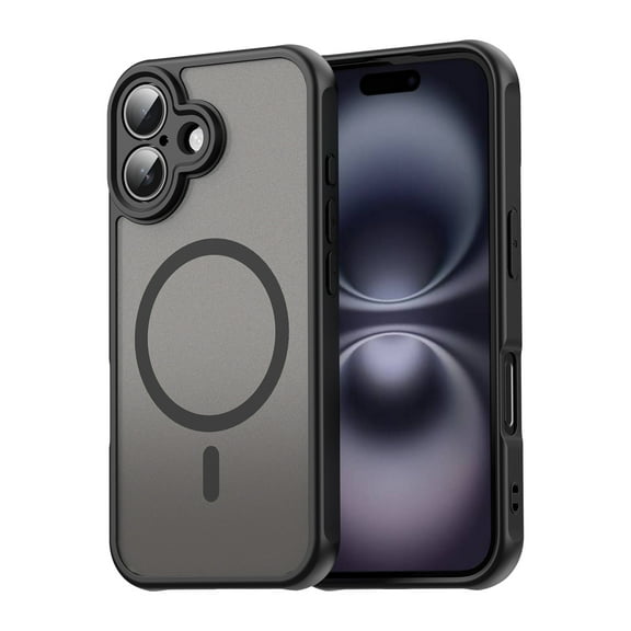 For iPhone 16 Case Compatible with MagSafe, Tpu Pc Frosted Anti Slip Full Fit Protective Case, Strong Magnetic Brushed Flexible Press Button Phone Case, Black