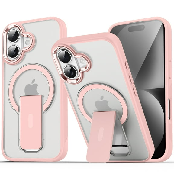 for iPhone 16 Case, [Compatible with Magsafe] Built-in Invisible Kickstand, Anti-Slip Military Grade Shockproof Protective Magnetic Phone Case For iPhone 16,Pink