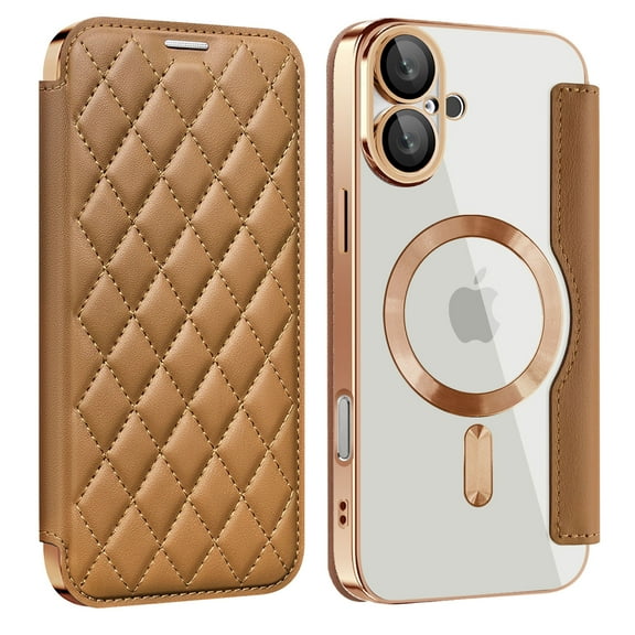 for iPhone 16 Case Compatible with Magsafe, Slim Fit Flip Protective PU Leather Wallet Case with RFID Blocking Card Slot Build-in Len Protector for iPhone 16, Brown