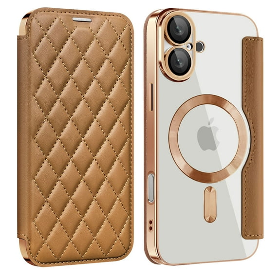 for iPhone 16 Case Compatible with Magsafe, Slim Fit Flip Protective PU Leather Wallet Case with RFID Blocking Card Slot Build-in Len Protector for iPhone 16, Brown