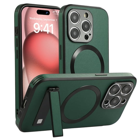 for iPhone 16 Case, [Compatible with Magsafe ] Wireless Charging PU Leather Stand Kickstand Rugged Protection for iPhone 16 Phone Case, Support Magnetic Car Mount, Darkgreen