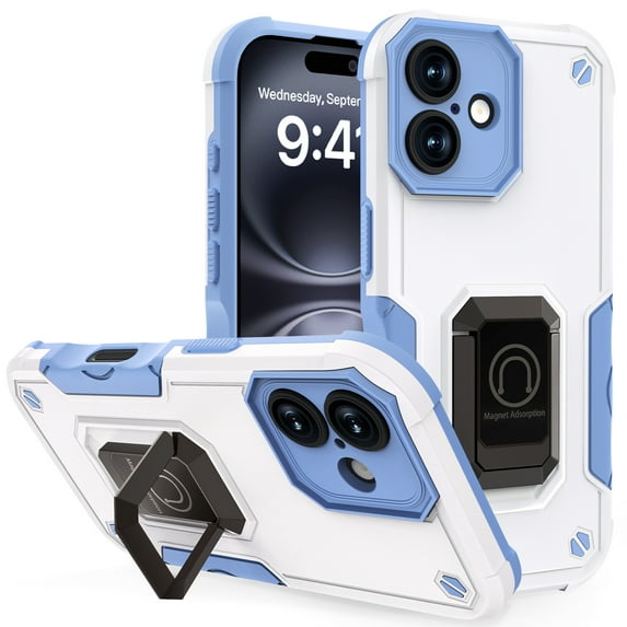 for iPhone 16 Case,Drop Protection,Non-Slip Full Body Rugged Case with Built-in Car Magnetic Kickstand,Ring Holder,Full Camera Protection Cover Cell Phone Cae for iPhone 16 6.1 inch,White