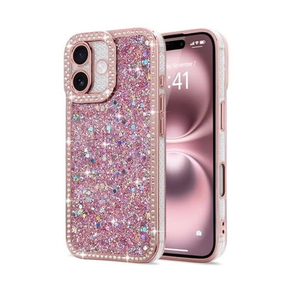 for iPhone 16 Case Glitter, Luxury Shiny Bling Sparkly Phone Cover with Crystal Diamonds Rhinestone for Women Girls Soft TPU Slim Shockproof Protective Phone Case for iPhone 16 6.1", Pink