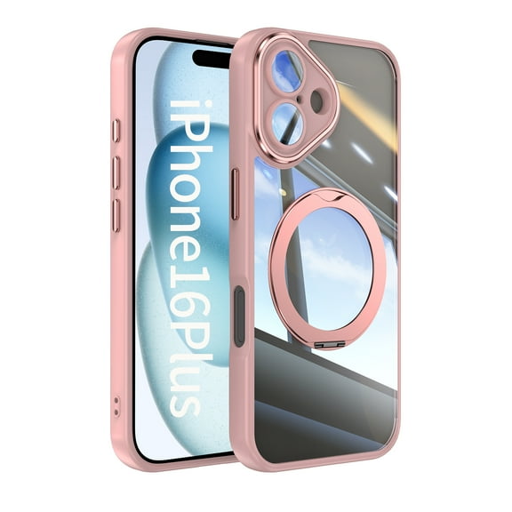 for iPhone 16 Case with Integrated Lens Protector, [Foldable Stand & Rotatable Ring Holder], Glossy Shockproof Bumper Dustproof Clear Women Men Case for iPhone 16, Pink