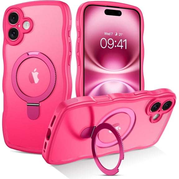 for iPhone 16 Case with Invisible Kickstand, [Compatible with Magsafe] Curly Wave Frame Design Magnetic Phone Case iPhone 16 Shockproof Protective Cover for iPhone 16 6.1", Hot Pink